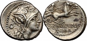 D. Silanus L.f. AR Denarius, 91 BC. D/ Head of Roma right, helmeted. R/ Victory in biga right. Cr. 337/3. B. (Junia) 8. AR. g. 3.91 mm. 19.00 Good VF.