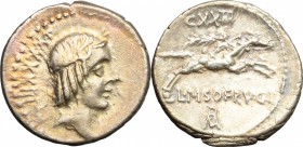 L. Calpurnius Piso Frugi. Denarius, 90 BC. D/ Head of Apollo right, laureate. R/ Horseman right, holding palm branch. Cr. 340/1. AR. g. 3.80 mm. 19.00...
