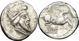 Q. Titius. AR Denarius, 90 BC. D/ Head of Mutinus Titinus (Priapus) right, wearing winged diadem, bearded. R/ Pegasus right; below, inscription. Cr. 3...