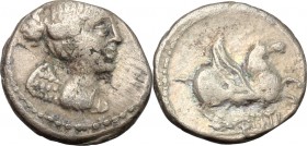 Q. Titius. AR Quinarius, 90 BC. D/ Bust of Victory right, draped. R/ Pegasus right. Cr. 341/3. AR. g. 1.78 mm. 13.00 Lightly toned. Good F.