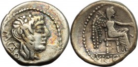 M. Cato. AR Quinarius, 89 BC. D/ Head of Liber right, wearing ivy-wreath. R/ Victory seated right, holding patera and palm branch. Cr. 343/2a. AR. g. ...