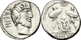 L. Titurius L. f. Sabinus. AR Denarius, 89 BC. D/ Head of King Tatius right, bearded; before, palm. R/ Two soldiers with large shields killing Tarpeia...