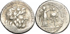 Cn. Cornelius Lentulus Clodianus. AR Quinarius, 88 BC. D/ Head of Jupiter right, laureate. R/ Victory standing right, crowning trophy. Cr. 345/2. AR. ...