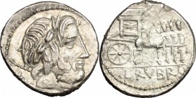 L. Rubrius Dossenus. AR Denarius, 87 BC. D/ Head of Jupiter right, laureate; behind, sceptre. R/ Triumphal chariot right, small Victory standing on it...