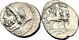 L. and C. Memmius L.f. Galeria. AR Denarius, 87 BC. D/ Head of Saturn left, laureate; behind, harpa. R/ Venus in biga right; above, Cupid holding wrea...