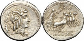 L. Iulius Bursio. AR Denarius, 85 BC. D/ Male head right with the attributes of Apollo, Mercury and Neptune; behind, lizard. R/ Victory in quadriga ri...