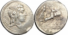 L. Iulius Bursio. AR Denarius, 85 BC. D/ Male head right with the attributes of Apollo, Mercury and Neptune; behind, ladder. R/ Victoria in quadriga r...
