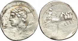 C. Licinius L.f. Macer. AR Denarius, 84 BC. D/ Head of Apollo from behind, turned left. R/ Minerva, standing in quadriga, holding shield and spear. Cr...