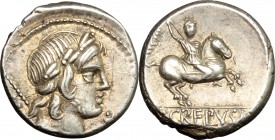 P. Crepusius. AR Denarius, 82 BC. D/ Head of a lightly bearded youth right, laureate. R/ Horseman right, brandishing spear. Cr. 361/1. AR. g. 3.84 mm....