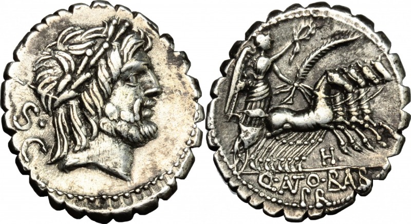 Q. Antonius Balbus. AR Denarius, 83-82 BC. D/ Head of Jupiter right, laureate. R...