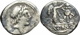 Anonymous. AR Quinarius , 81 BC. D/ Head of Apollo right, lauerate. R/ Victory right crowning trophy; in field, Q, in exergue ROMA. Cr. 373/1b. AR. g....