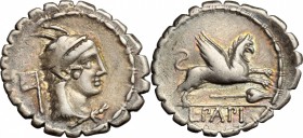 L. Papius. AR Denarius Serratus, 79 BC. D/ Head of Juno Sospita right; behind, square pennant. R/ Griffin leaping right; below, spear. Cr. 384/1 (cont...