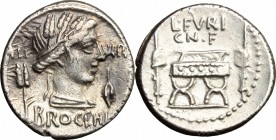 L. Furius Cn. f. Brocchus. AR Denarius, 63 BC. D/ Head of Ceres right, wearing wreath of corn-ears; behind, corn-ear; before, barley grain. R/ Sella c...