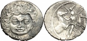 L. Plautius Plancus. AR Denarius, 47 BC. D/ Head of Medusa facing. R/ Victory facing, holding palm-branch in left hand and leading four horses. Cr. 45...