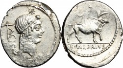 L. Valerius Acisculus. AR Denarius, 45 BC. D/ Head of Apollo right, hair tied with band; above, star; behind, acisculus. R/ Europa seated on bull walk...