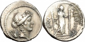 P. Clodius M.f. Turrinus. AR Denarius, 42 BC. D/ Head of Apollo right, laureate, behind, lyre. R/ Diana, standing facing, head right, holding two torc...