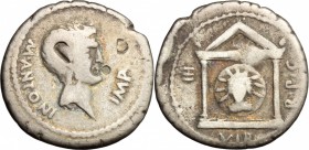 Mark Antony. AR Denarius, Uncertain mint, 42 BC. D/ Head of Marcus Antonius right. R/ Distyle temple; inside, bust of Sol facing. Cr. 496/1. AR. g. 3....