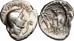 Pompey the Great. Denarius, 42-40 BC. D/ Head of Pompeius Magnus right, bare, between capis and lituus. R/ Neptune standing left, foot on prow; the br...