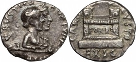 Augustus (27 BC - 14 AD) with Q. Rustius. AR Denarius, 19-16 BC. D/ Jugate busts of Fortuna Victrix and Fortuna Felix right. R/ Ornamented rectangular...