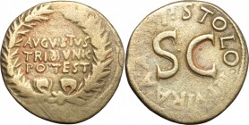 Augustus (27 BC - 14 AD) with P. Licinius Stolo. AE Dupondius, 17 BC. D/ Legend within oak-wreath. R/ Large SC surrounded by legend. RIC (2nd ed.) 347...