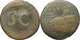 Tiberius (14-37). AE Sestertius, 35-36 AD. D/ Large SC, surrounded by legend. Rectangular counter-mark. R/ Divus Augustus seated left, radiate; in qua...