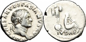 Vespasian (69-79). AR Denarius, 69-70. D/ Head of Vespasian right, laureate. R/ Judaea seated right; behind, trophy. RIC (2nd ed.) 2. AR. g. 2.87 mm. ...