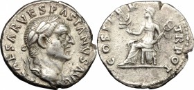 Vespasian (69-79). AR Denarius, 70 AD. D/ Head of Vespasian right, laureate. R/ Pax seated left, holding branch and caduceus. RIC (2nd ed.) 29. AR. g....