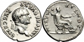 Vespasian (69-79). AR Denarius, 73 AD. D/ Head of Vespasian right, laureate. R/ Emperor seated right on curule chair, feet on stool, holding scepter a...