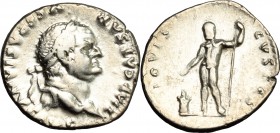 Vespasian (69-79). AR Denarius, 76 AD. D/ Head of Vespasian right, laureate. R/ Jupiter standing frontal, naked; sacrificing out of patera over altar;...