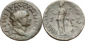 Vespasian (69-79). AE Dupondius, 76 AD. D/ Head of Vespasian right, radiate. R/ Felicitas standing left, draped, holding caduceus and cornucopiae. RIC...