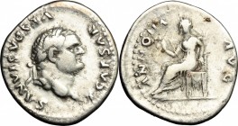 Titus as Caesar (69-79). AR Denarius, 77-78. D/ Head of Titus right, laureate. R/ Annona seated left, holding on her lap sack of corn-ears, holding th...