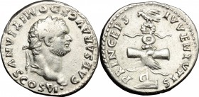 Domitian as Caesar (69-81). AR Denarius, 79 AD. D/ Head of Domitian right, laureate. R/ Clasped hands holding aquila set on prow. RIC (2nd ed.; Vespas...