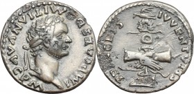 Domitian (81-96). AR fourrée hybrid Denarius, 79-80 AD. D/ Head of Domitian right, laureate. R/ Clasped hands holding aquila on prow. For obverse cf. ...