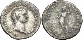 Domitian (81-96). AR Denarius, 83 AD. D/ Head of Domitian right, laureate,. R/ Minerva standing left; holding thunderbolt and sceptre; at feet shield....