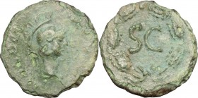 Domitian (81-96). AE Quadrans, 81-85. D/ Head of Minerva right, helmeted. R/ Large SC within laurel wreath. RIC (2nd ed.) 123-5 or 235-6. AE. g. 1.57 ...