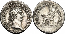 Trajan (98-117). AR Denarius, 100 AD. D/ Head of Trajan right, laureate. R/ Vesta seated left, holding patera and torch. RIC 40. AR. g. 3.21 mm. 19.00...