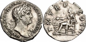 Hadrian (117-138). AR Denarius, 119-122. D/ Head of Hadrian right, laureate. R/ Salus seated left, feeding from patera snake coiled around altar. RIC ...