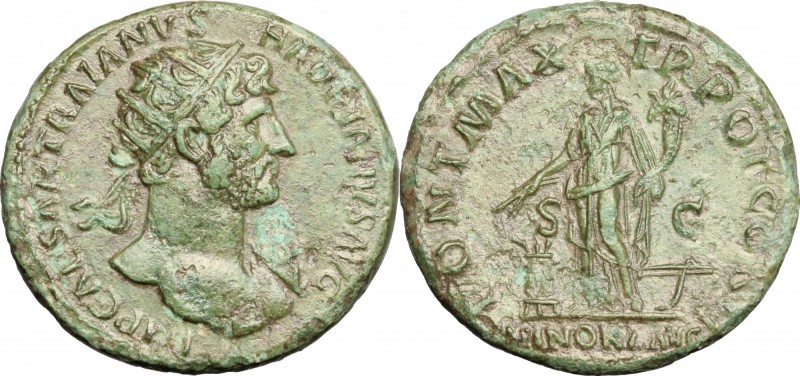 Hadrian (117-138). Dupondius, 118 AD. D/ Bust right, radiate, with drapery on le...