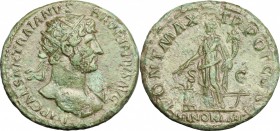Hadrian (117-138). Dupondius, 118 AD. D/ Bust right, radiate, with drapery on left shoulder. R/ Annona standing left, holding corn-ears and cornucopia...