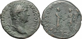Hadrian (117-138). AE As, 134-138 AD. D/ Bust of Hadrian right, laureate. R/ Hadrian, togate, standing right; holding roll; clasping hands with Fortun...