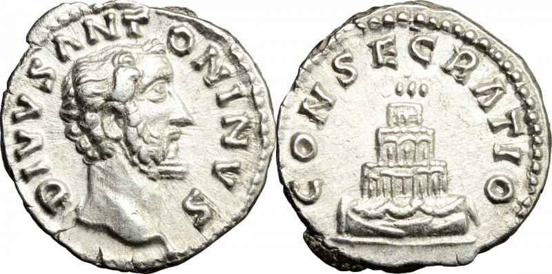 Antoninus Pius (138-161). AR Denarius, after 161 AD. D/ Head of Antoninus Pius r...