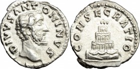 Antoninus Pius (138-161). AR Denarius, after 161 AD. D/ Head of Antoninus Pius right, bare. R/ Pyre of four tiers, decorated with garlands. RIC (Marcu...