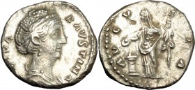 Faustina I (died 141 AD). AR Denarius, 141 AD. D/ Bust of Faustina Maior right, draped. R/ Vesta standing left, veiled, draped; sacrificing from pater...