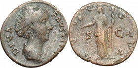 Faustina I (died 141 AD). AE As, 141 AD. D/ Bust of Faustina Maior right, draped. R/ Vesta standing left, draped, veiled; holding palladium on extende...