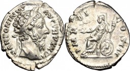 Marcus Aurelius (161-180). AR Denarius, 170-171. D/ Head of Marcus Aurelius right, laureate. R/ Roma seated left, holding Victory and spear; behind, s...