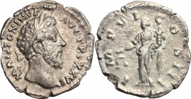 Marcus Aurelius (161-180). AR Denarius, 171-172. D/ Head of Marcus Aurelius right, laureate. R/ Aequitas standing left, holding scales and cornucopiae...