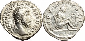 Lucius Verus (161-169). AR Denarius, 165 AD. D/ Head of Lucius Verus right, laureate. R/ Parthian seated right; to feet, his weapons. RIC (Marcus Aure...
