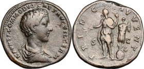 Commodus as Caesar (175-177). AE Sestertius, 172-173. D/ Bust of Commodus right, bare-headed, draped. R/ Commodus standing left, holding branch and sc...