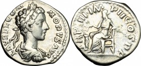 Commodus (177-193). AR Denarius, 177-178. D/ Bust of Commodus right, laureate, draped, cuirassed. R/ Salus seated left, feeding from patera snake coil...