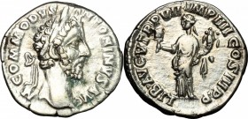 Commodus (177-193). AR Denarius, 181-182. D/ Head of Commodus right, laureate. R/ Liberalitas standing left, holding abacus and cornucopiae. RIC 36a. ...